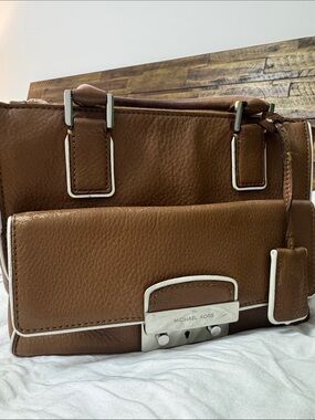 Michael Kors Tan Brown Pebbled Leather Satchel with Silver Hardware